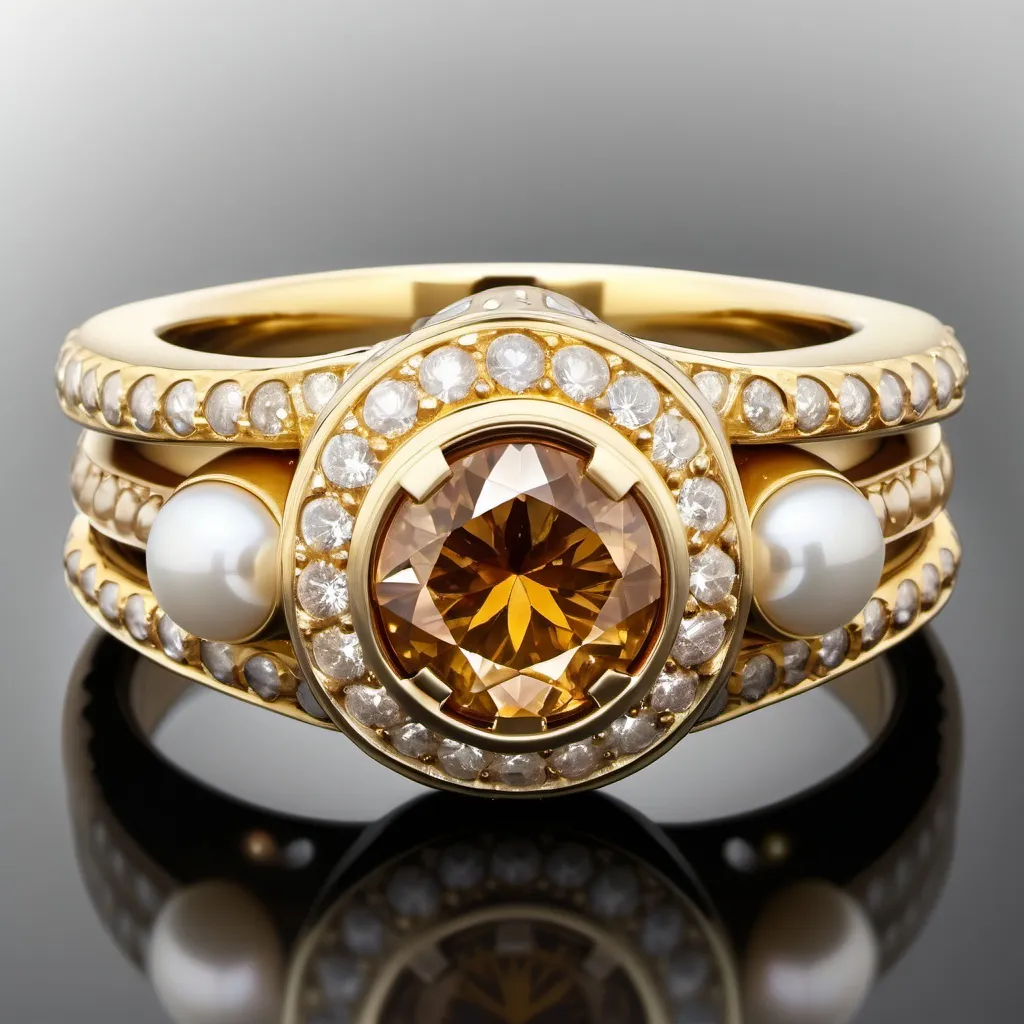 Prompt: Yellow gold engagement ring. Cognac diamond as the large, main stone. Full bezel. Pearls in unique pave setting.