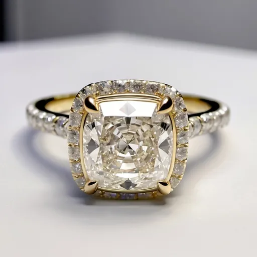 Prompt: 2.1 carat cushion cut engagement ring colorless natural diamond, with hidden pearl halo and gold rail.