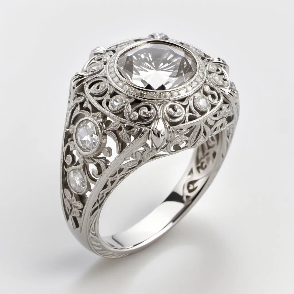 Prompt: This is an intricately designed platinum ring featuring a central diamond.  The large ring is surrounded by an elaborate arrangement of small pieces of New Orleans charm . The setting around the central stone is detailed with ornate filigree work, adding texture and depth. The white platinum band also has delicate patterns, giving the ring a luxurious and vintage-inspired French. The overall design blends elegance with a bold, antique flair.