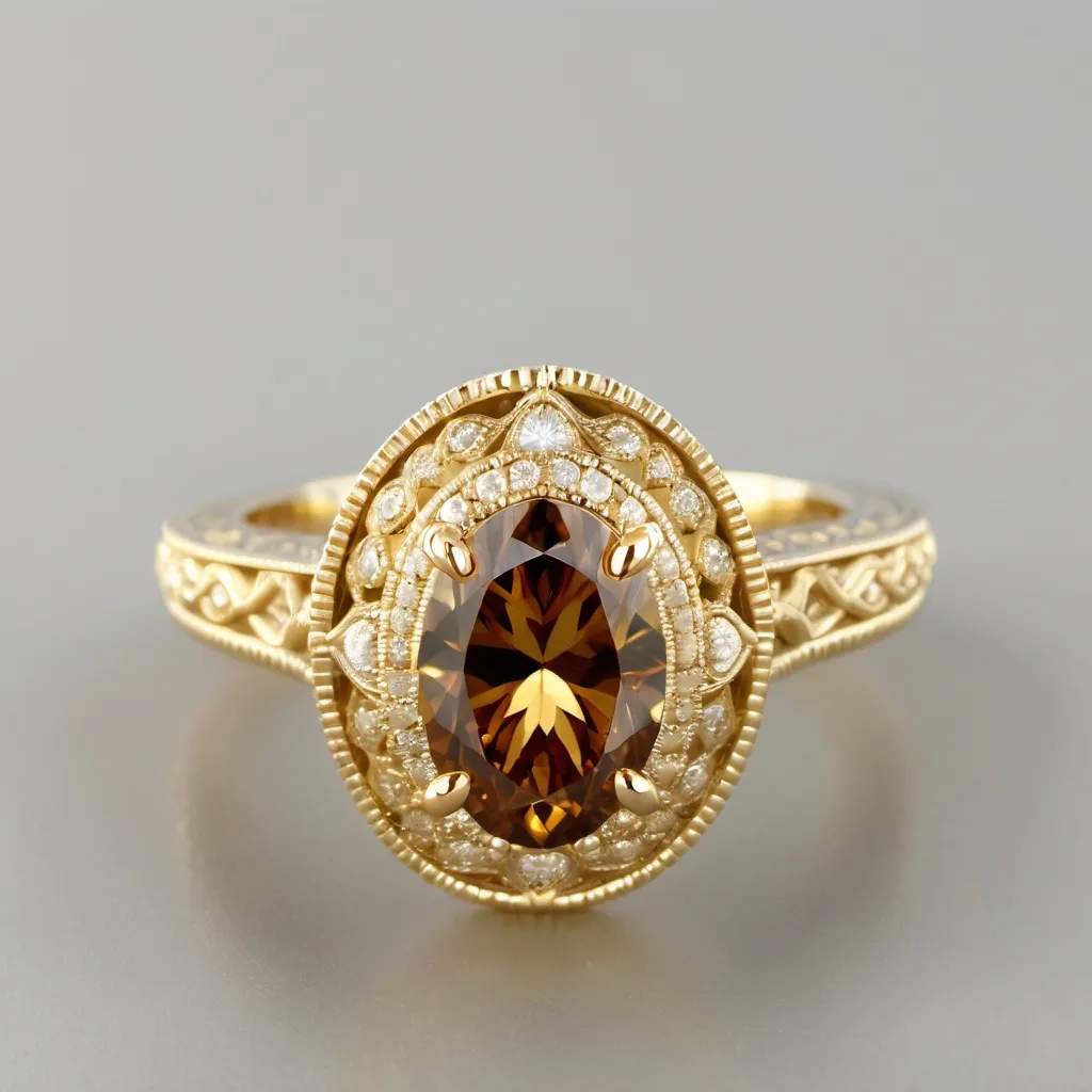 Prompt: 14K Yellow Gold pave halo cognac Diamond Engagement Ring (Oval Center). Intricate milgrain  filigree band.