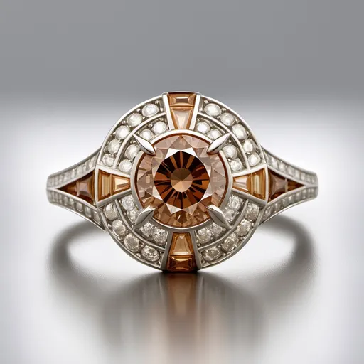 Prompt: This modern ring, inspired by the timeless elegance of Art Deco design, features a dazzling 0.83-carat round brilliant cut cognac diamond at its center, showcasing a VS clarity. Surrounding this central gem are 36 round brilliant cut cognac diamonds, totaling 0.39 carats, and 26 vibrant square and calibre cut champagne diamonds, totaling approximately 0.60 carats, Crafted from luxurious platinum