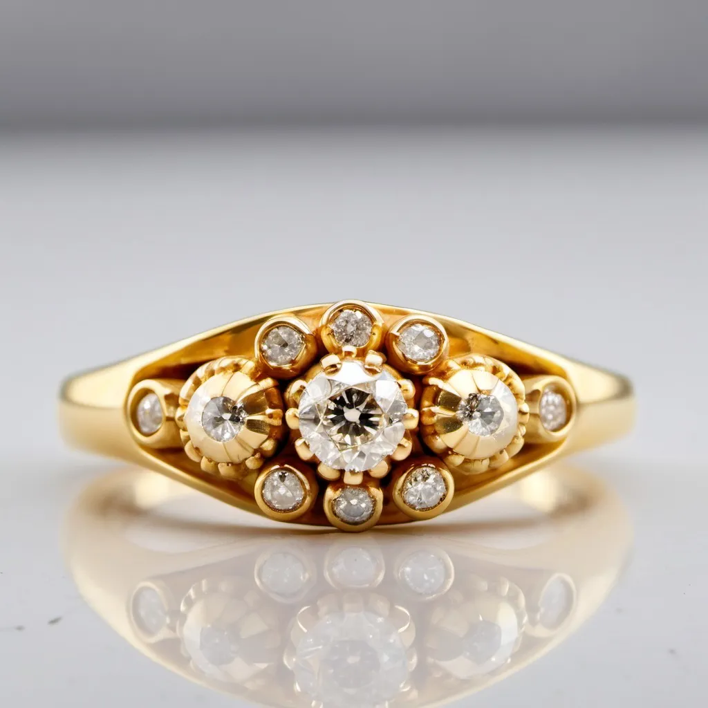 Prompt: This elegant vintage ring from the 1980s is crafted in luxurious 18K yellow gold and adorned with 4 sparkling round brilliant cut diamonds, totaling approximately 0.30 carats.