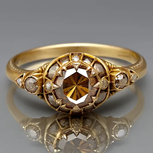 Prompt: Yellow gold Georgian era cognac diamond.  Diamond rings from the early and mid-1800s often have a closed foiled back, which allowed for maximum brilliance achievable at that time.
Engagement rings from this period often feature “rose cut” or “table cut” diamonds, which are flat at the bottom, and rise like a dome.