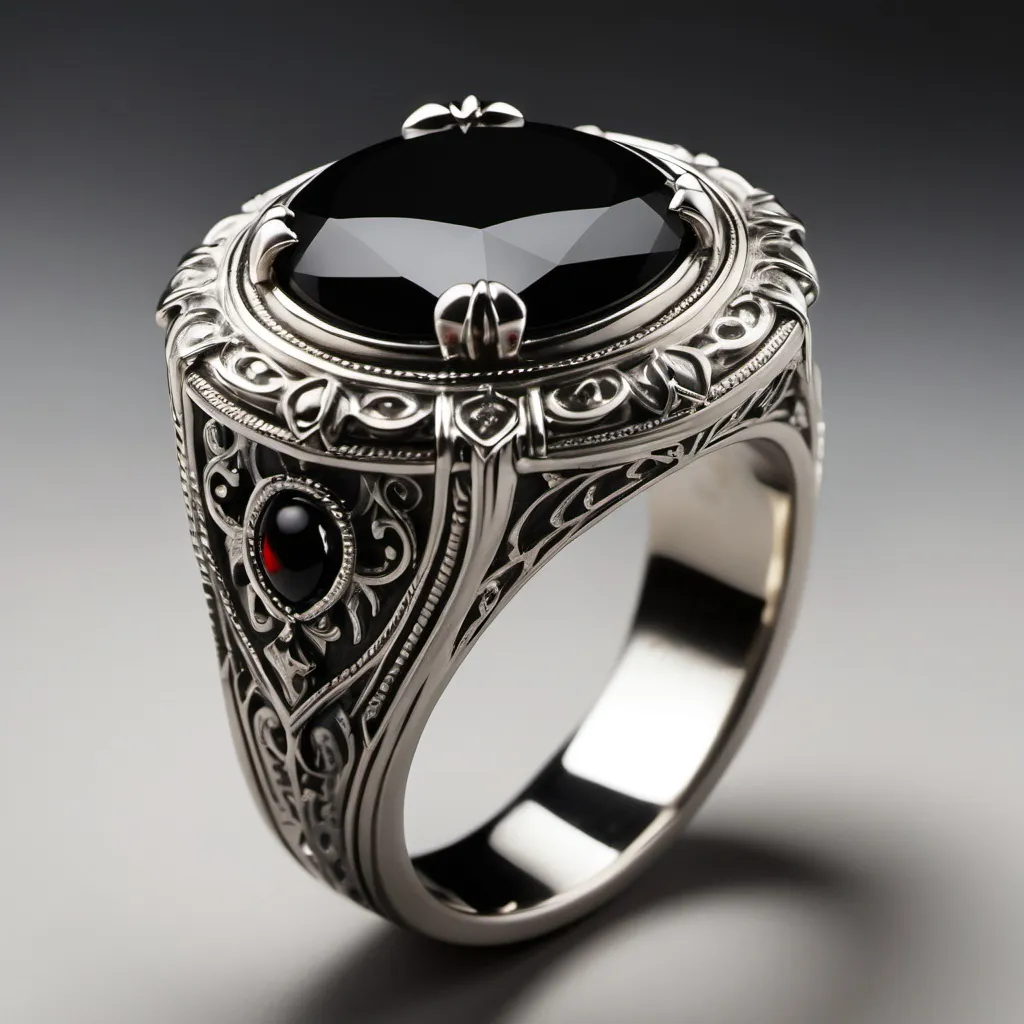 Prompt: A family heirloom ring that a vampire has given to his new bride.  Intricate detailing.  Black oynx center stone.