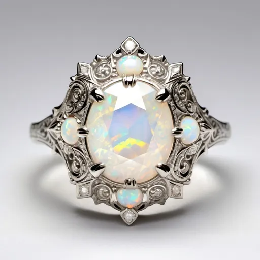 Prompt: This is an intricately designed platinum ring featuring a central very clear diamond.  The large ring is surrounded by an elaborate arrangement of small pieces of opal . The setting around the central stone is detailed with ornate filigree work, adding texture and depth. The white platinum band also has delicate patterns, giving the ring a luxurious and vintage-inspired French. The overall design blends elegance with a bold, antique flair.