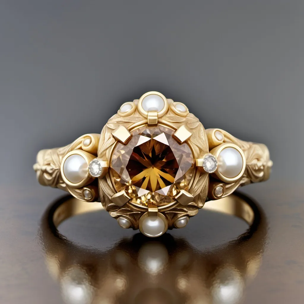 Prompt: Yellow gold engagement ring.  Cognac diamond.  Large main stone.  Hand carved detail in the gold.  Pearls.