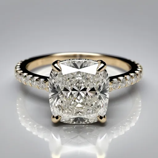 Prompt: 3.2 cushion cut engagement ring colorless natural diamond, with hidden halo and gold rail