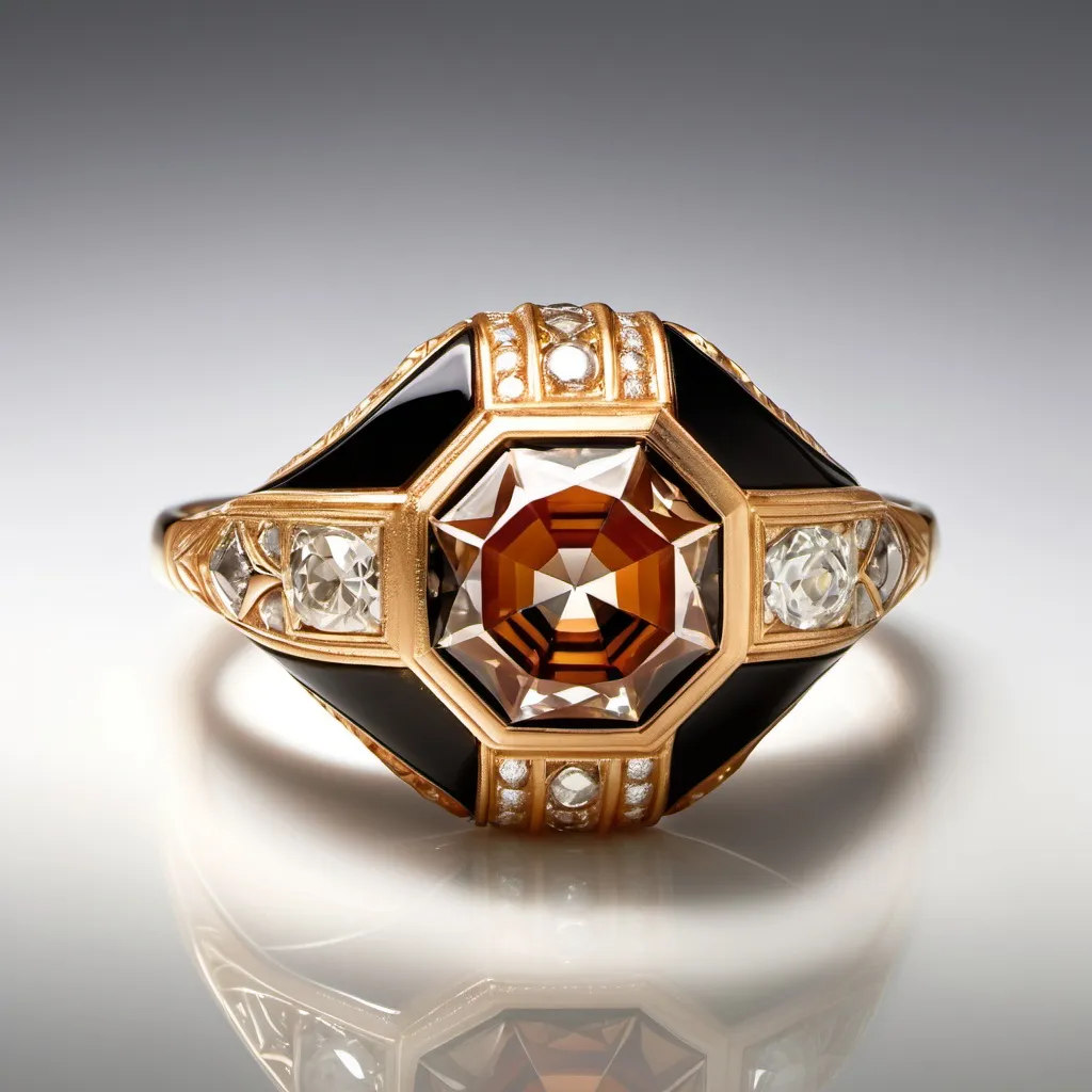 Prompt: Amidst the whispers of the Art Deco era emerges the old European cognac diamond and onyx ring, a testament to timeless allure. Imagine the enigmatic protagonist, a 1.45 carat old European cut diamond, casting a mesmerizing glow with its K color. Enveloped in an ethereal dance with sleek accents, this ring conjures visions of opulence against the canvas of 18 karat yellow gold. Crafted amidst the roaring '20s, this creation narrates the artistry of a bygone era, where elegance met innovation, each facet a chapter in the enigmatic story of sophistication.