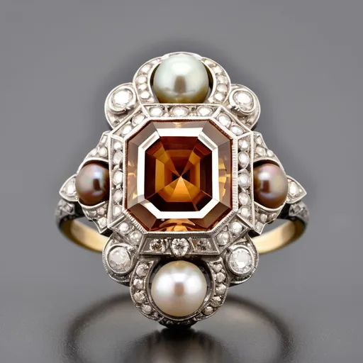 Prompt: This exquisite Art Deco ring from the 1930s features a captivating GIA-certified 3.68-carat old European cut cognac diamond at its center,  SI1 clarity. Surrounding the center stone are 26 vibrant pearls and 8 sparkling round brilliant cut diamonds with exceptional G color and VS clarity. this ring epitomizes the intricate design and timeless elegance characteristic of the Art Deco era. with a gram weight of 7.23, it is a magnificent addition to any fine jewelry collection, blending historical charm with sophisticated style.