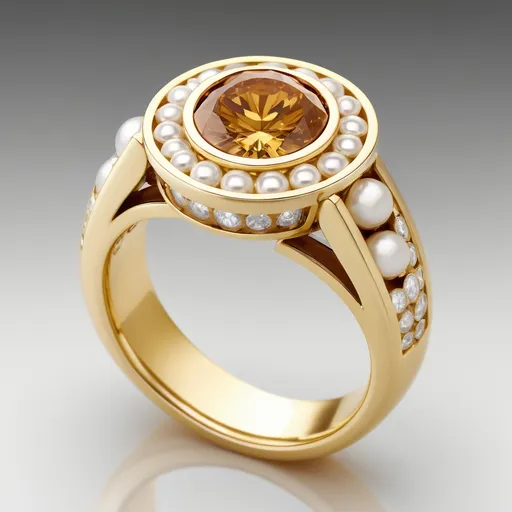 Prompt: Yellow gold engagement ring.  Cognac diamond as the large, main stone. Full bezel. Pearls in channel setting.