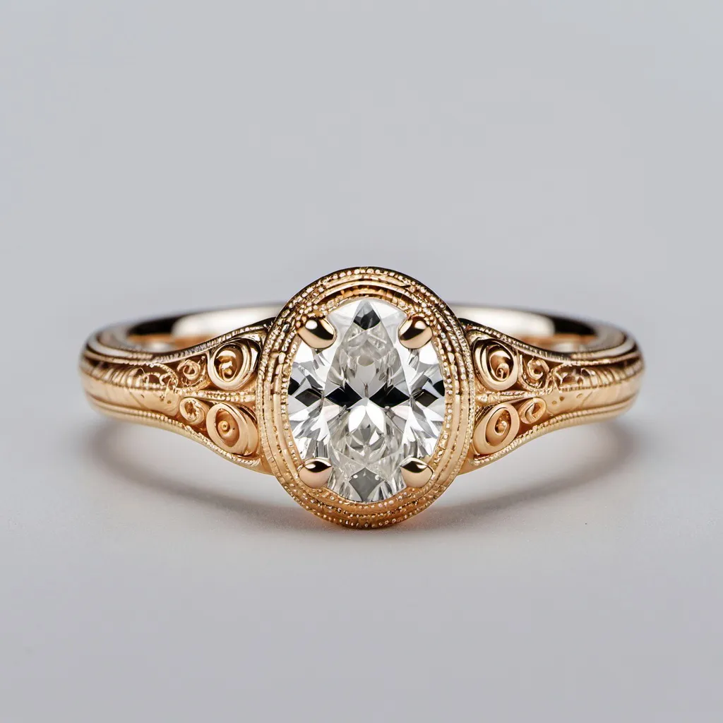 Prompt: A bezel oval solitaire with intricate miligrain