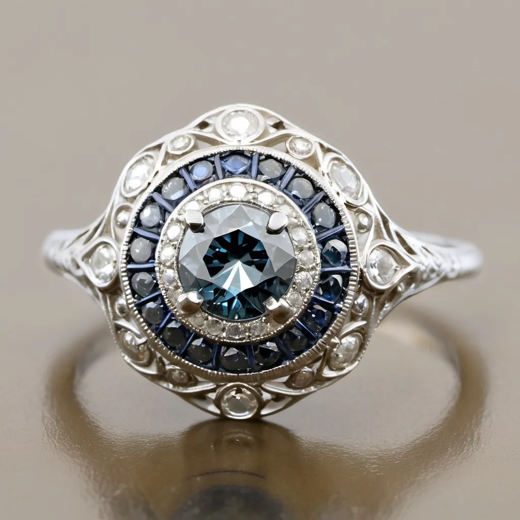 Prompt: This elegant ring showcases a 1 carat old European cut blue diamond, Crafted in the style of Art Deco.  Double halo of sapphire.  High shoulders.  Filigree