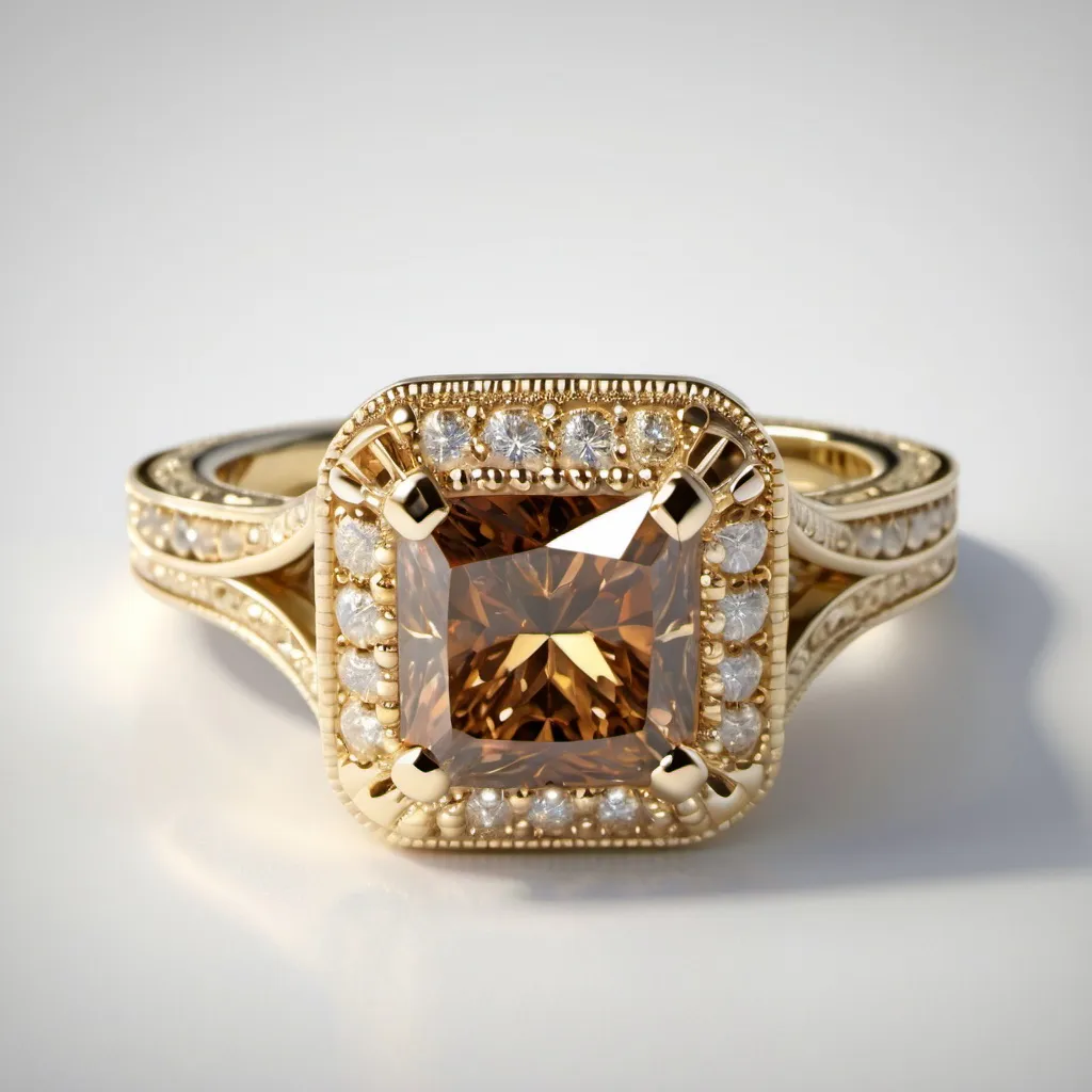 Prompt: 14K Yellow Gold pave halo cognac Diamond Engagement Ring (radiant Center). Intricate milgrain  filigree band.