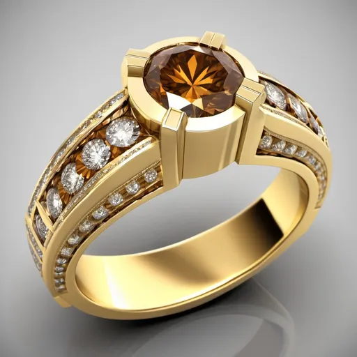 Prompt: Yellow gold engagement ring.  Cognac diamond.  Large main stone.  Art deco.  Channel set.