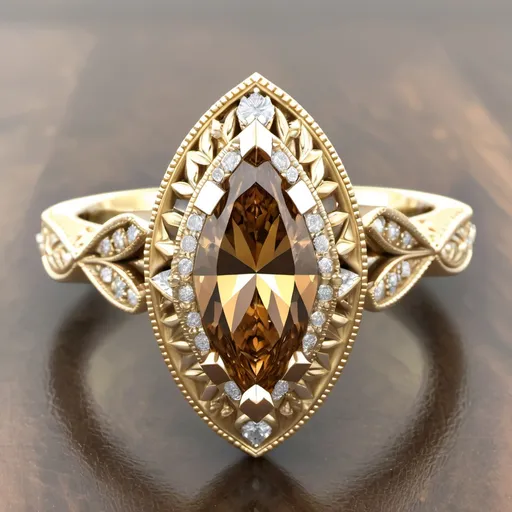 Prompt: 14K Yellow Gold pave halo cognac Diamond Engagement Ring (marquise Center). Intricate milgrain  filigree band.