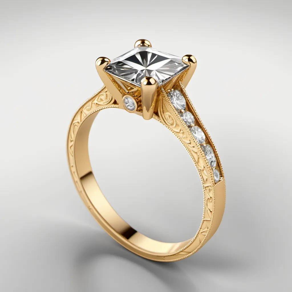 Prompt: A solitaire radiant cut ring.
Yellow gold.
Miligrain.
Diamond with perfect clarity.