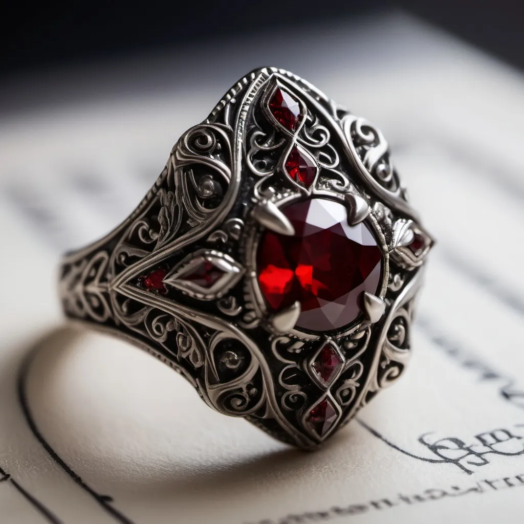 Prompt: A family heirloom ring that a vampire has given to his new bride.  Intricate detailing.  Blood red detailing.