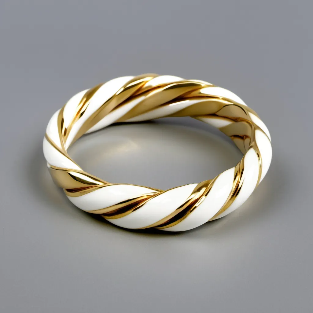 Prompt: 14k yellow gold wrapped around a twisting band of white enamel.