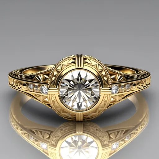 Prompt: Yellow gold engagement ring in an art deco style.  Detailed milgrain around a bezel setting.  Open gallery with a guard rail.  No prongs.