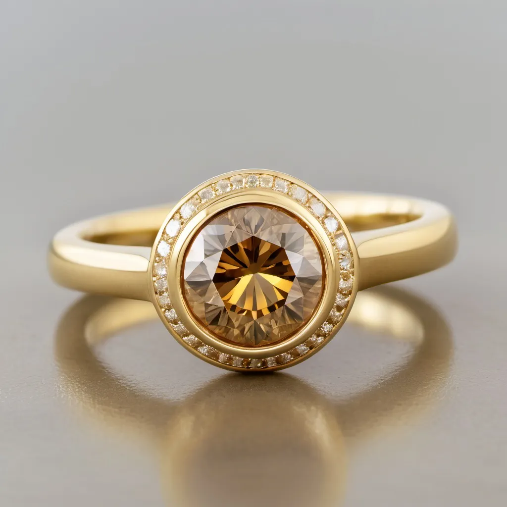 Prompt: Yellow gold engagement ring.  Cognac diamond as the large, main stone. Full bezel.  Feminist.