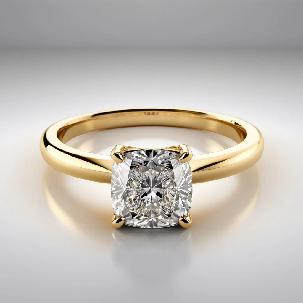 Prompt: A solitaire cushion cut ring.
Yellow gold.
Heavy milligram.
Diamond with perfect clarity.