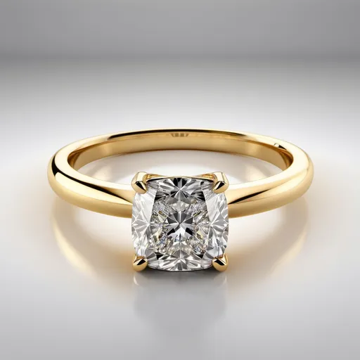 Prompt: A solitaire cushion cut ring.
Yellow gold.
Heavy milligram.
Diamond with perfect clarity.