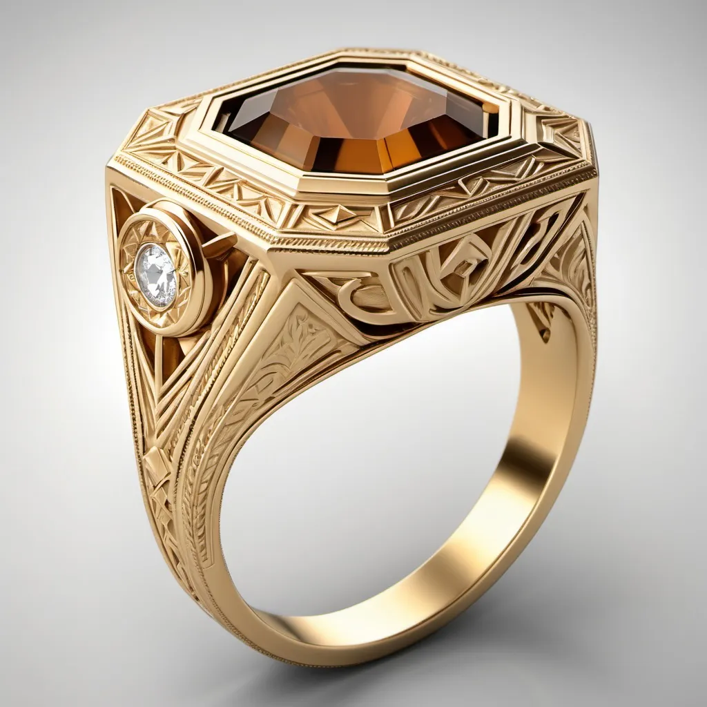 Prompt: Inspiration for ring: This design evokes a vintage/antique style, particularly Art Deco, known for its geometric shapes, use of milgrain, and intricate engraving details. However, it balances modern simplicity with the bezel setting of the central cognac stone.  Yellow gold.