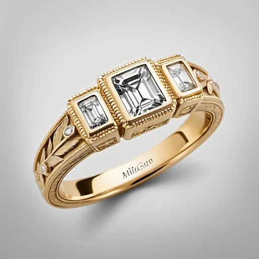 Prompt: Summary for Recreation:

	•	Center stone: Radiant or emerald cut, bezel set, high clarity.
	•	Metal: 18k yellow gold, polished finish with engraved details.
	•	Side stones: Two round diamonds, bezel set, surrounded by milgrain.
	•	Engraving: Leaf/feather motif down the sides of the band.
	•	Milgrain: Along the edges and side stones for vintage texture.
	•	Band: Wide, tapering toward the back for comfort, with a strong architectural shape.