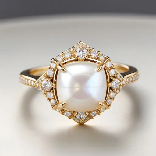 Prompt: A brilliant halo of pearls with kite-shaped lab diamonds encircles the center cushion cut stone, creating a striking and radiant effect.  14k gold.