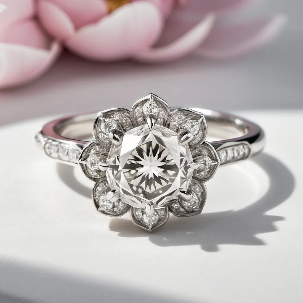 Prompt: An engagement ring set in platinum that resembles a peony