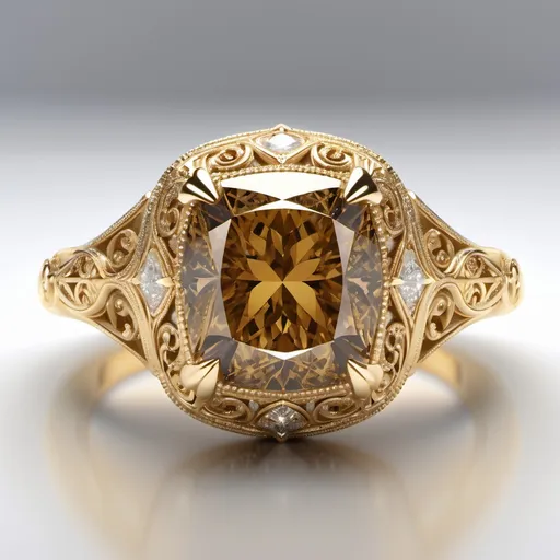 Prompt: Yellow gold. Cognac diamond. Cushion cut main stone. Intricate filigree. Cathedral