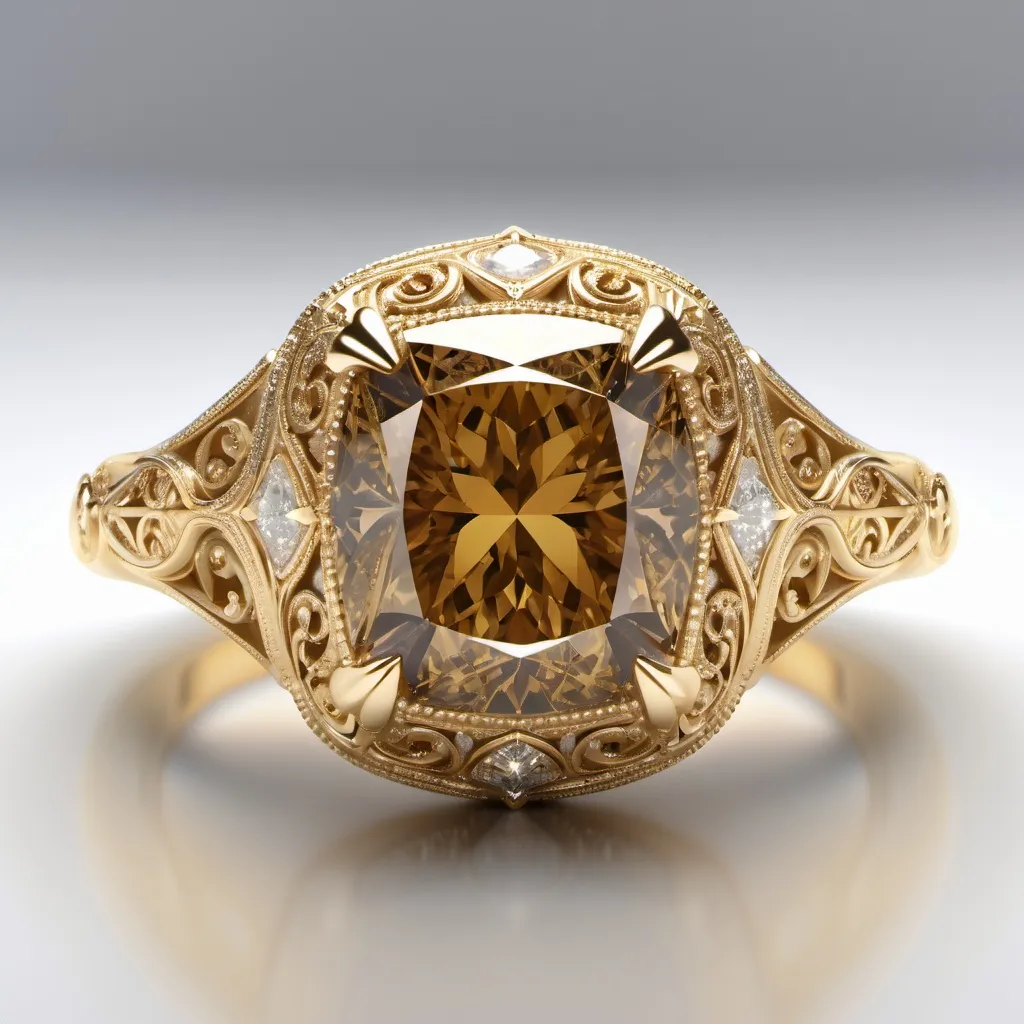 Prompt: Yellow gold. Cognac diamond. Cushion cut main stone. Intricate filigree. Cathedral