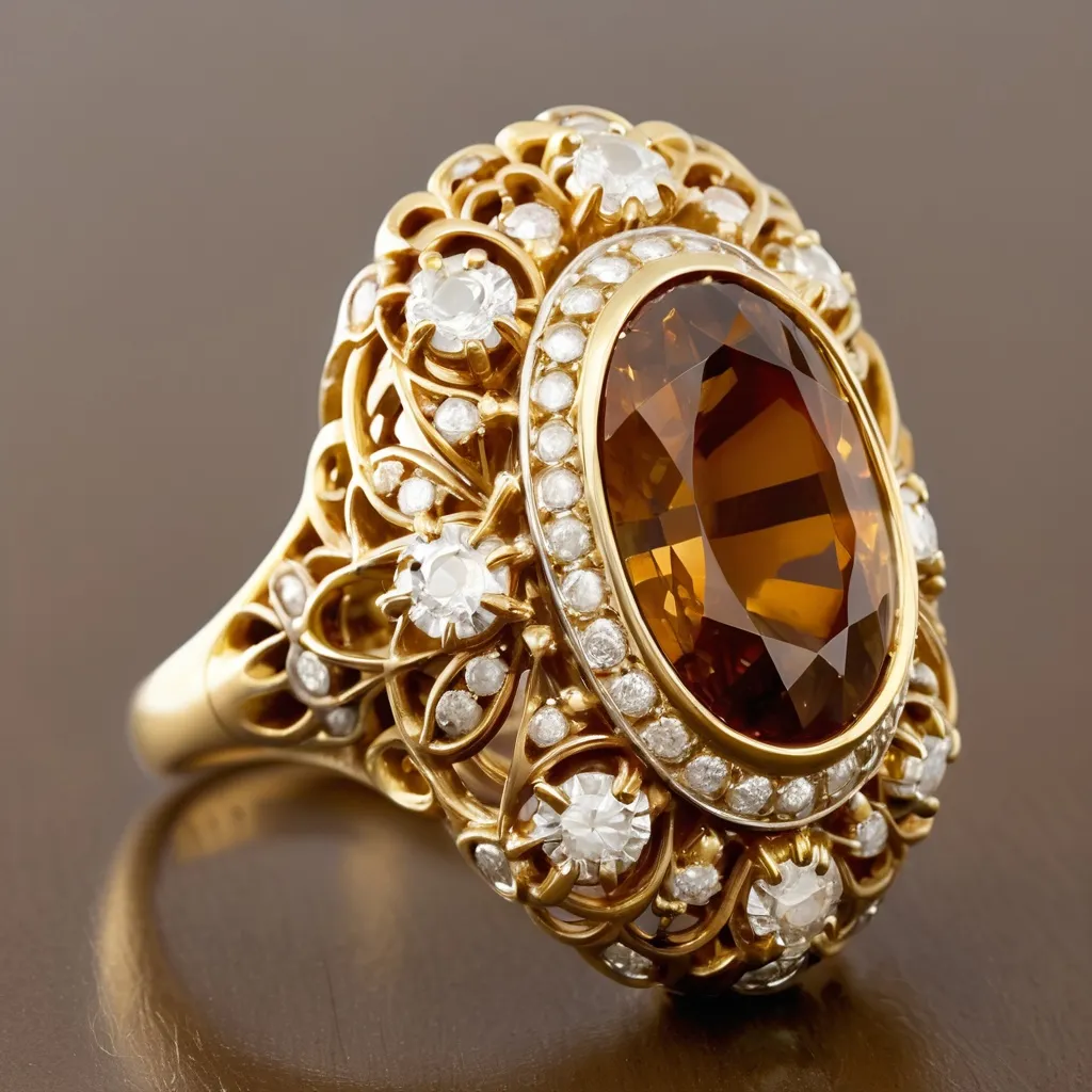 Prompt: This stunning Mid-Century ring features an oval cognac diamond weighing around 3.50 carats surrounded by 0.30 carat of diamonds. It comes from Thailand and is accented by 10 diamonds set in 18 karat yellow gold from the 1950s. The vintage design features open filigree work allowing light to dance through the gemstones, perfect for the woman who loves understated elegance with a story to tell.