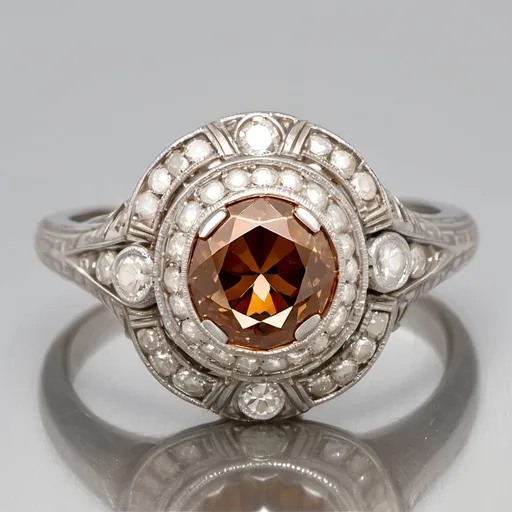 Prompt: This elegant ring showcases a 1 carat old European cut cognac diamond, set in white gold. Complementing the central stone are 92 old mine and old European cut diamonds, totaling approximately 0.8 carats, with H color and SI clarity, adding a dazzling halo and band detailing. Crafted in the style of Art Deco