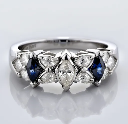 Prompt: This modern 18K white gold band features a captivating combination of three marquise cut and two triangle cut diamonds, totaling approximately 1.10 carats. The diamonds, graded G-H in color and SI-I in clarity, radiate brilliance and elegance. Accentuating the diamonds are four striking French cut blue sapphires, with a total weight of approximately 1.2 carats, adding a vibrant touch of color.