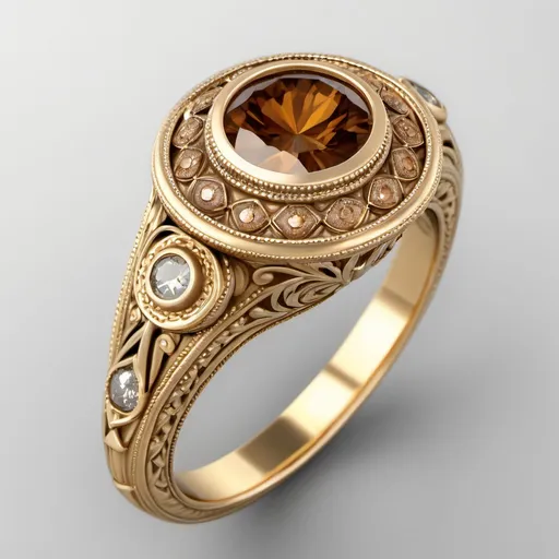 Prompt: Yellow gold engagement ring.  Cognac diamond.  Edwardian design.  Bezel set.  Ornate.