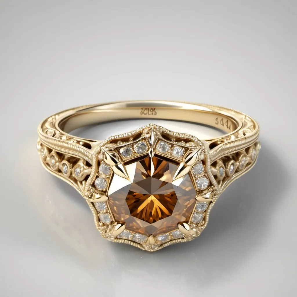 Prompt: 14K Yellow Gold unique pave halo cognac Diamond Engagement Ring (old mine cut Center). Intricate milgrain  filigree band.  High shoulders