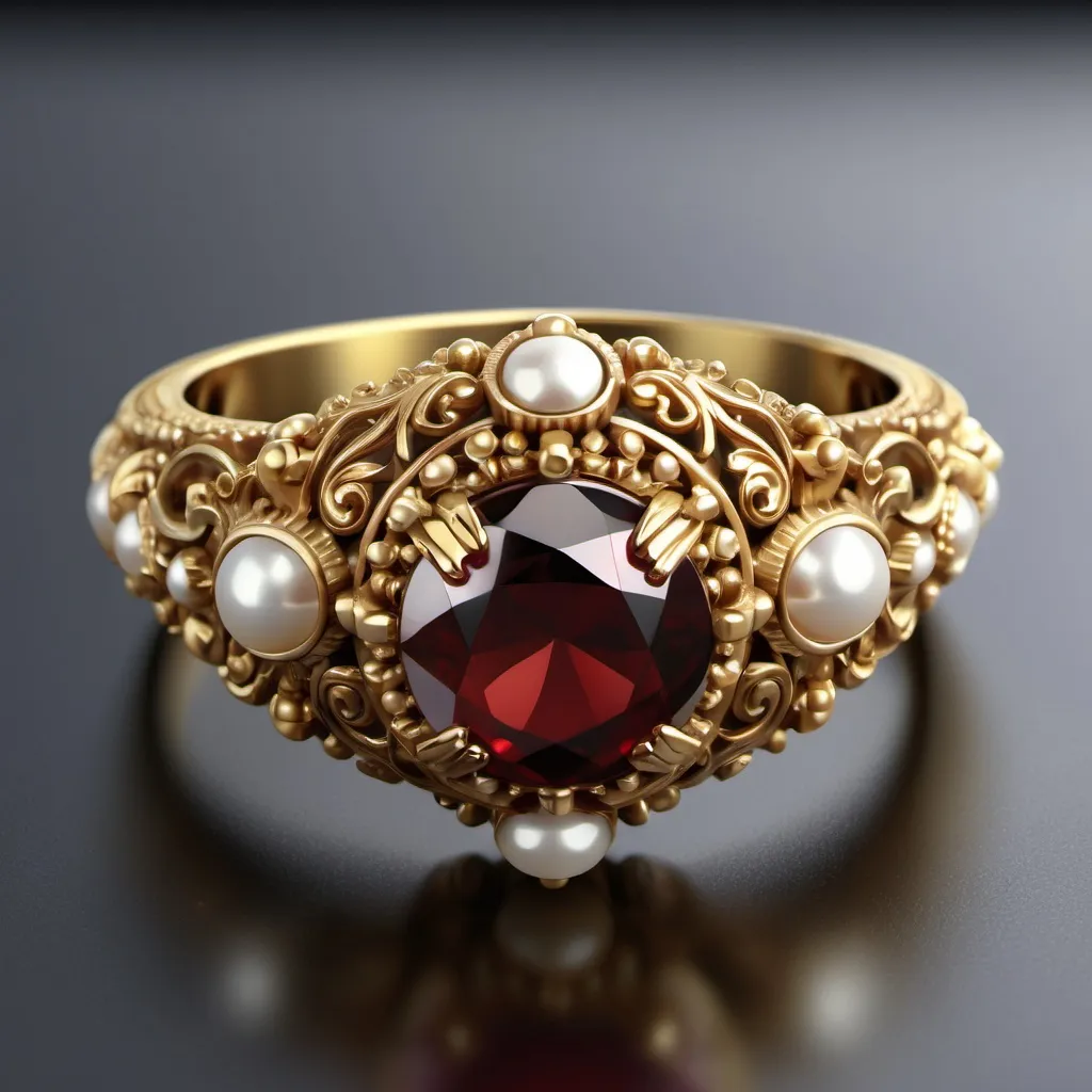 Prompt: This is an intricately designed gold ring featuring a central garnet. The gemstone is surrounded by an elaborate arrangement of small pearls. The setting around the central stone is detailed with ornate filigree work, adding texture and depth. The gold band also has delicate patterns, giving the ring a luxurious and vintage-inspired appearance. The overall design blends elegance with a bold, antique flair.