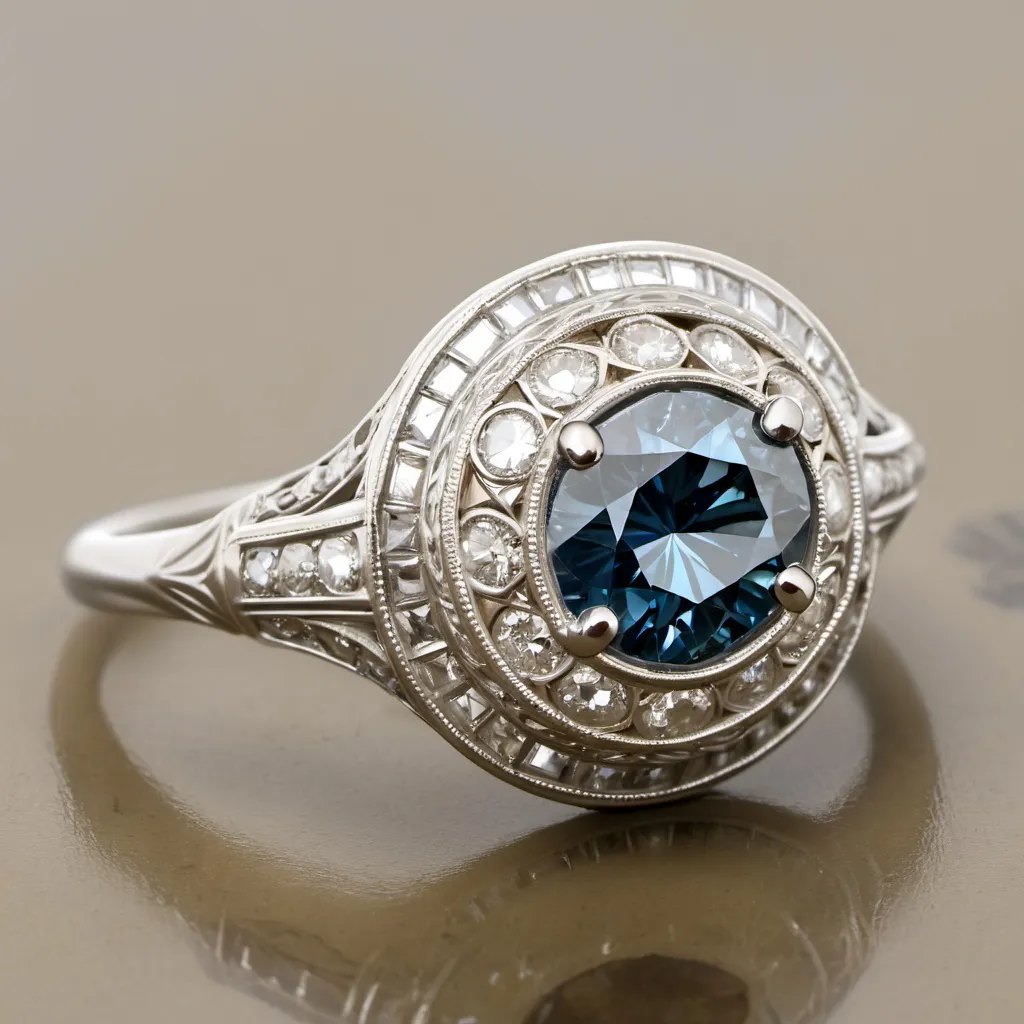 Prompt: This elegant ring showcases a 1 carat old European cut blue diamond, Crafted in the style of Art Deco.  Double halo of sapphire