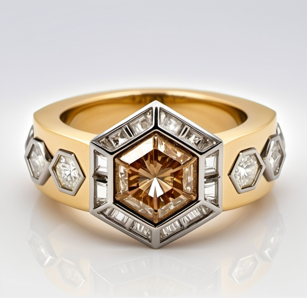 Prompt: This striking contemporary band, crafted in a blend of 18K yellow gold and platinum, features a unique 1.29 carat hexagon cut diamond. The diamond, with its rare fancy brown color and SI clarity, creates a bold and modern aesthetic.