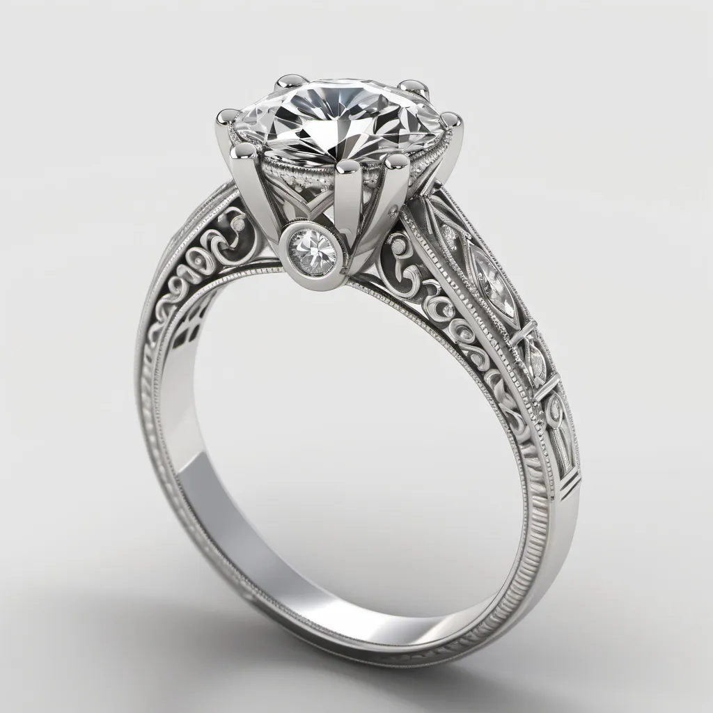 Prompt: A 2.5 ct solitaire diamond ring.
Heavy miligrain with filigree
Diamond with perfect clarity.