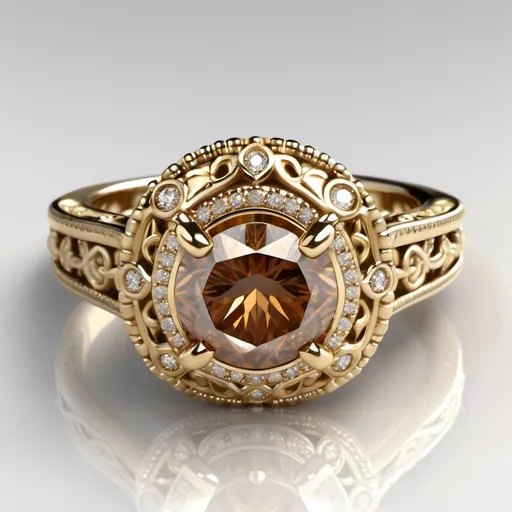 Prompt: 14K Yellow Gold unique pave halo cognac Diamond Engagement Ring (Center). Intricate milgrain  filigree band.