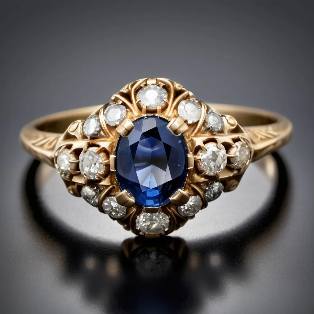 Prompt: This captivating Victorian-era ring from the 1890s showcases a stunning 2 carat oval sapphire with a rich blue hue. Accented by 11 old mine cut diamonds totaling approximately 1.5 carats, these diamonds offer an enchanting sparkle with I color and SI clarity. Crafted in 18K yellow gold, this piece embodies the elegance and sophistication of the Victorian period.