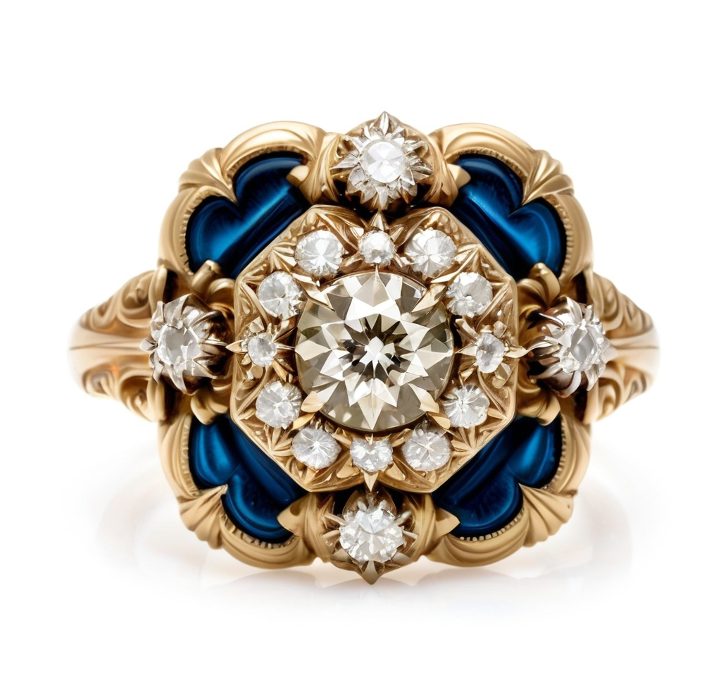 Prompt: This exquisite Victorian Revival ring features a stunning .60 carat old mine cut diamond at its center, graded J in color and VS2 in clarity. Surrounding the center stone are 10 old mine cut and 4 round brilliant cut diamonds, with a combined weight of approximately .70 carats, adding brilliance to the design. Crafted in a luxurious combination of 14K yellow gold, platinum, and striking blue enamel,