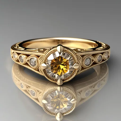 Prompt: Yellow gold engagement ring in an art deco style.  Detailed milgrain around a bezel setting.  Open gallery with a filigree guard rail.  Cognac diamond coming out from the bezel.