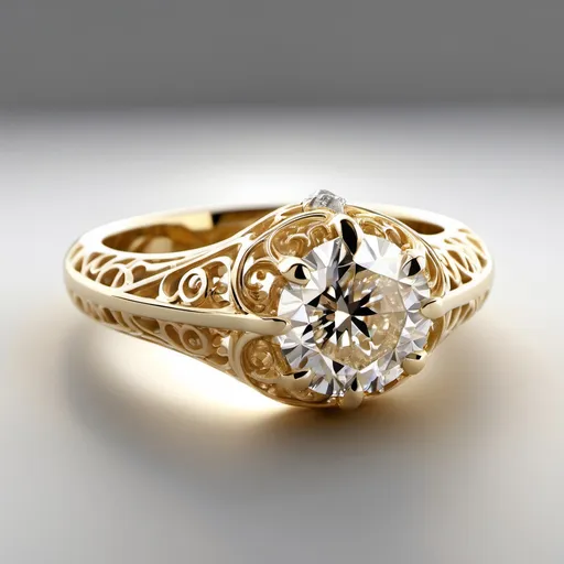 Prompt: A solitaire brilliant cut ring.
Yellow gold.
Heavy filigree
Diamond with perfect clarity.