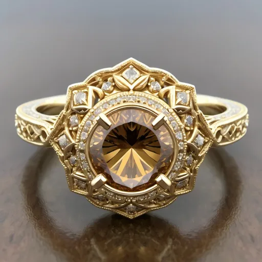 Prompt: 14K Yellow Gold unique pave halo cognac Diamond Engagement Ring (old mine cut Center). Intricate milgrain  filigree band.