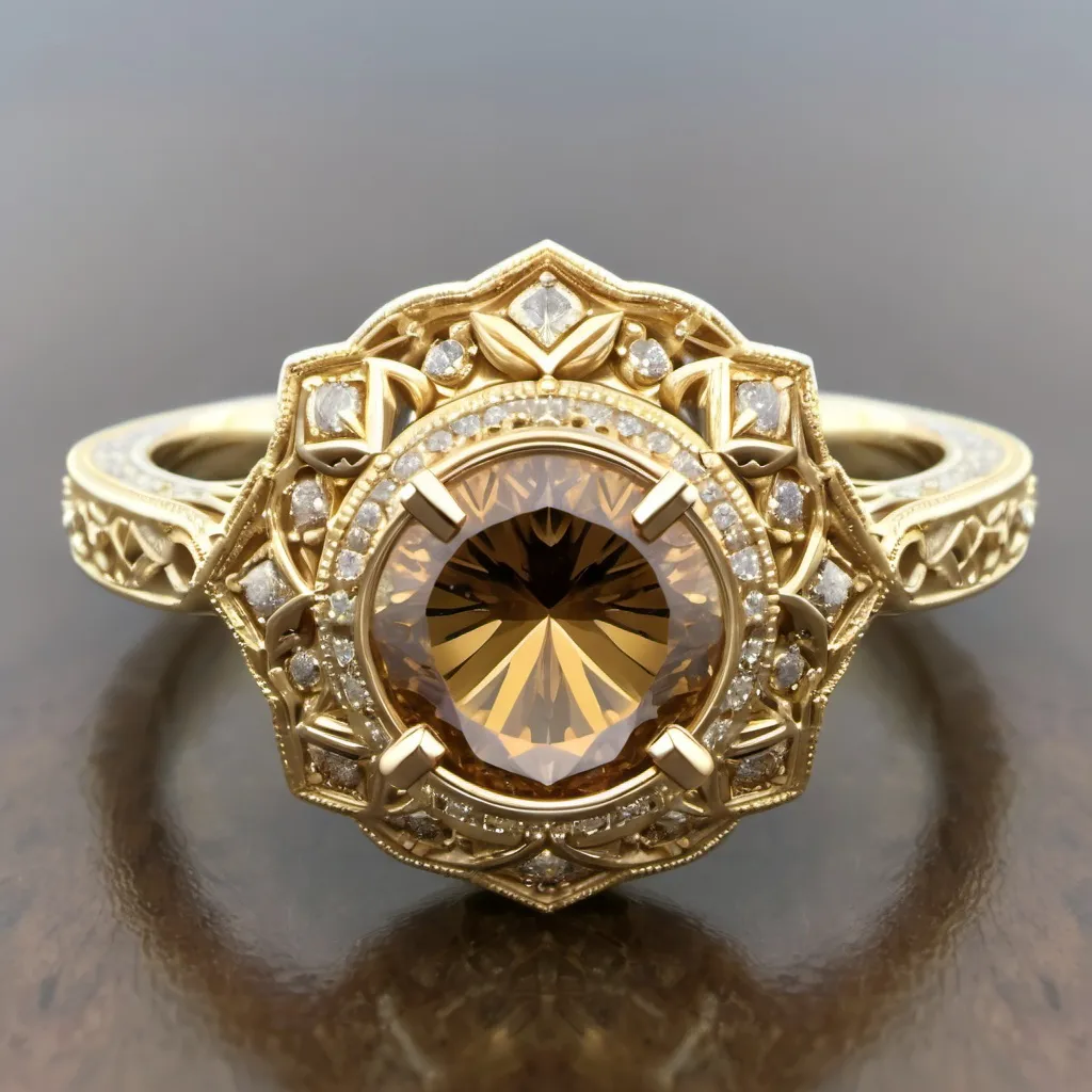 Prompt: 14K Yellow Gold unique pave halo cognac Diamond Engagement Ring (old mine cut Center). Intricate milgrain  filigree band.