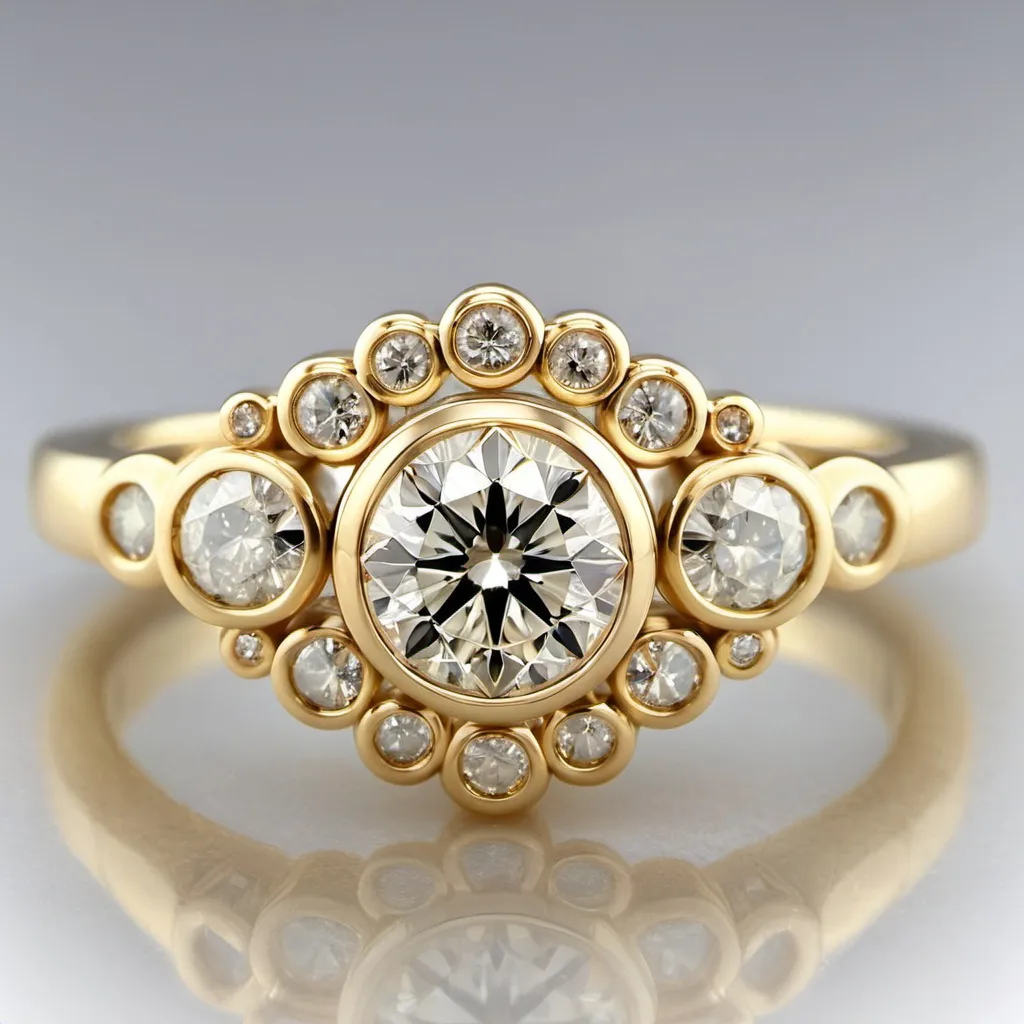 Prompt: Fancy multi cut colorless diamond bezel engagement ring 14k yellow gold.