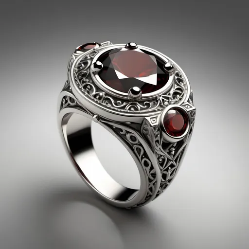 Prompt: Realistic ring This ring has an intricate, gothic-inspired design The central stone is a large, round, faceted garnet in bezel.